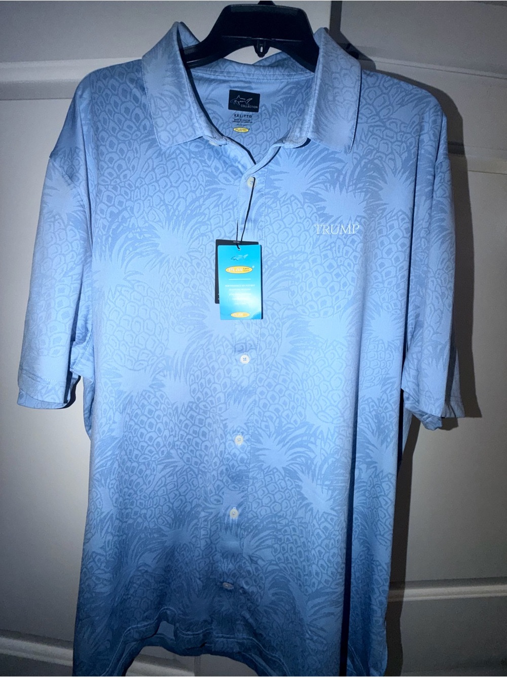 Greg Norman Collection Light Blue Pineapple Print Polo-Style Button Shirt